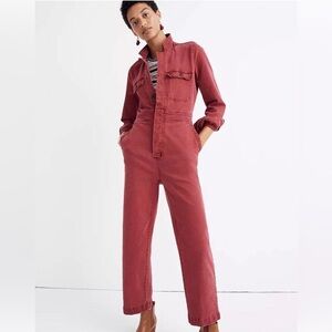 Madewell burgundy dyed denim slim coverall long sleeve jumpsuit